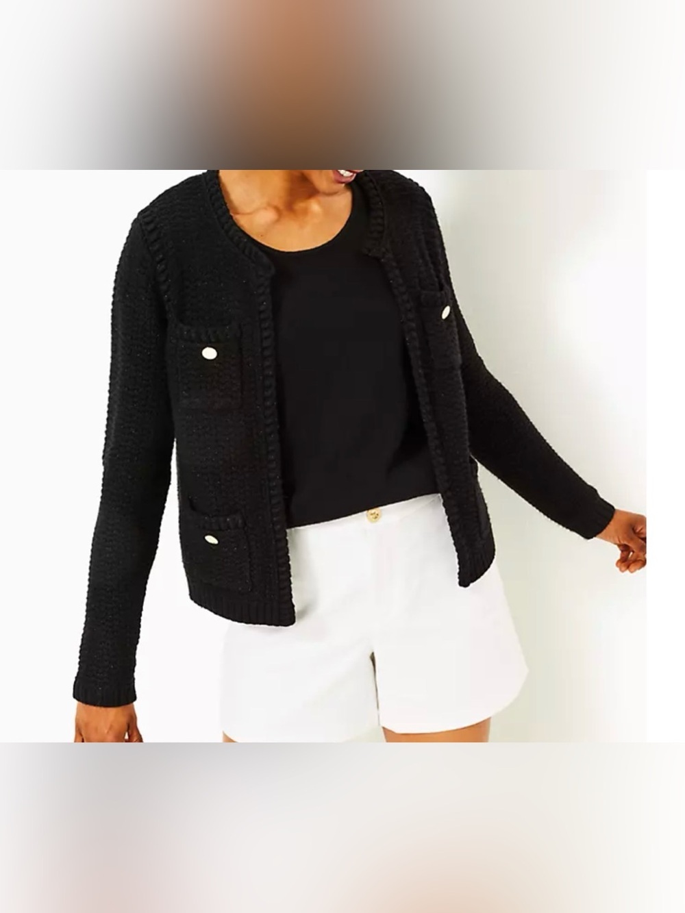 Lilly Pulitzer Black Knit Open Cardigan with Pocket Buttons NWT